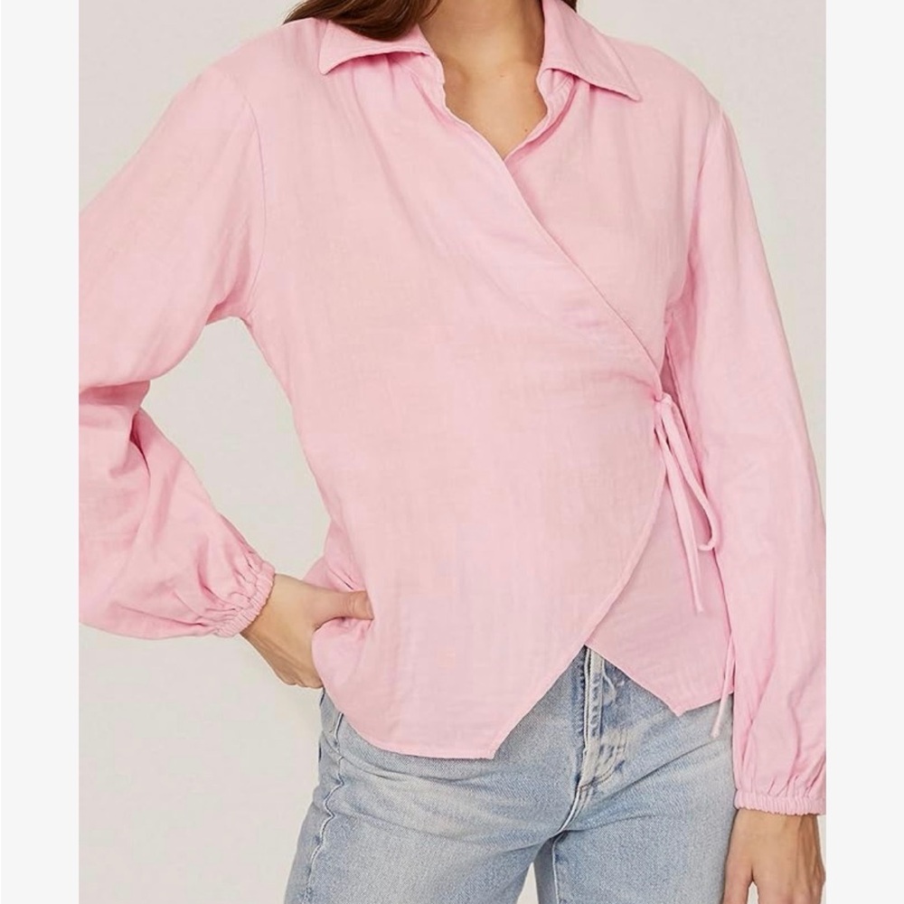 Chic Pink Wrap Blouse with Tie Detail - Picture 2 of 3